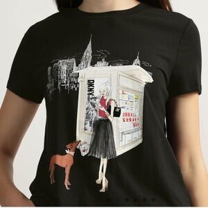 DKNY Women Black Printed Round Neck Short Sleeves T-Shirt XS